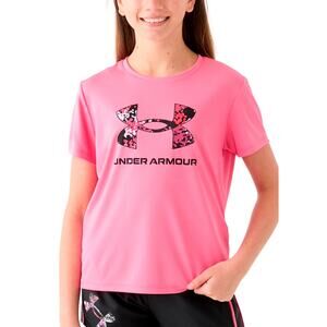 NWT Under Armour Girls Pink Graphic Logo Short Sleeve T-Shirt Youth Size Small
